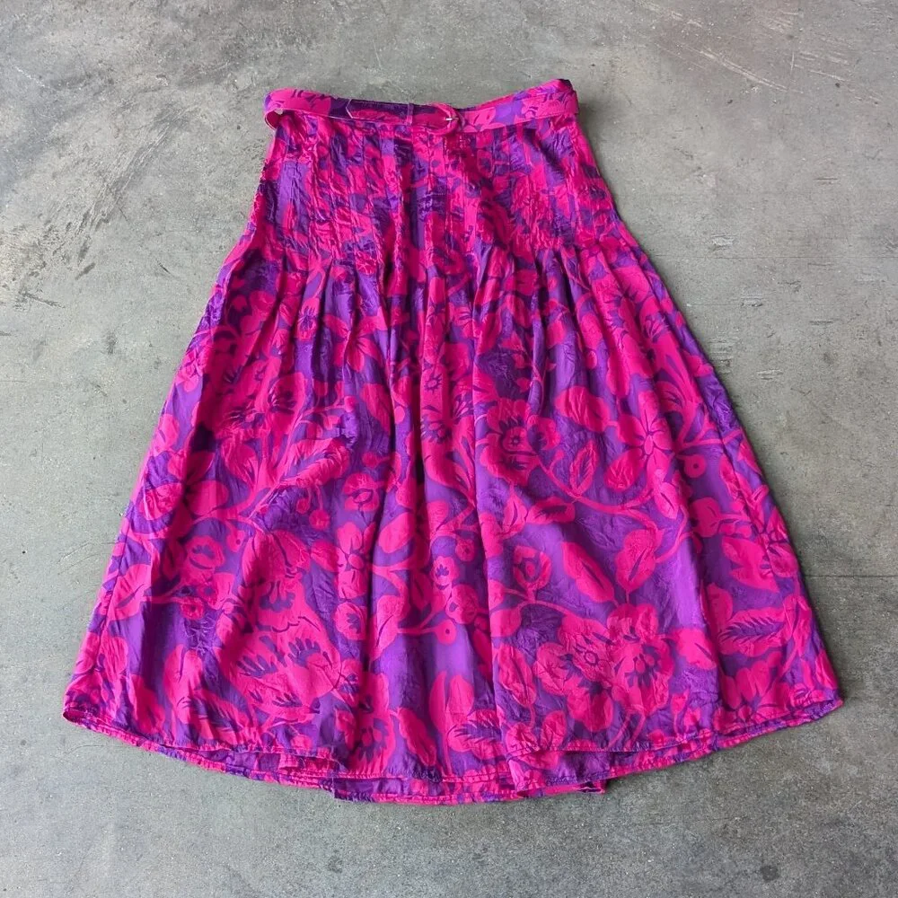 Vintage 80s Silk Raul Blanco Pink Purple Long Sleeve Midi Skirt Matching Set